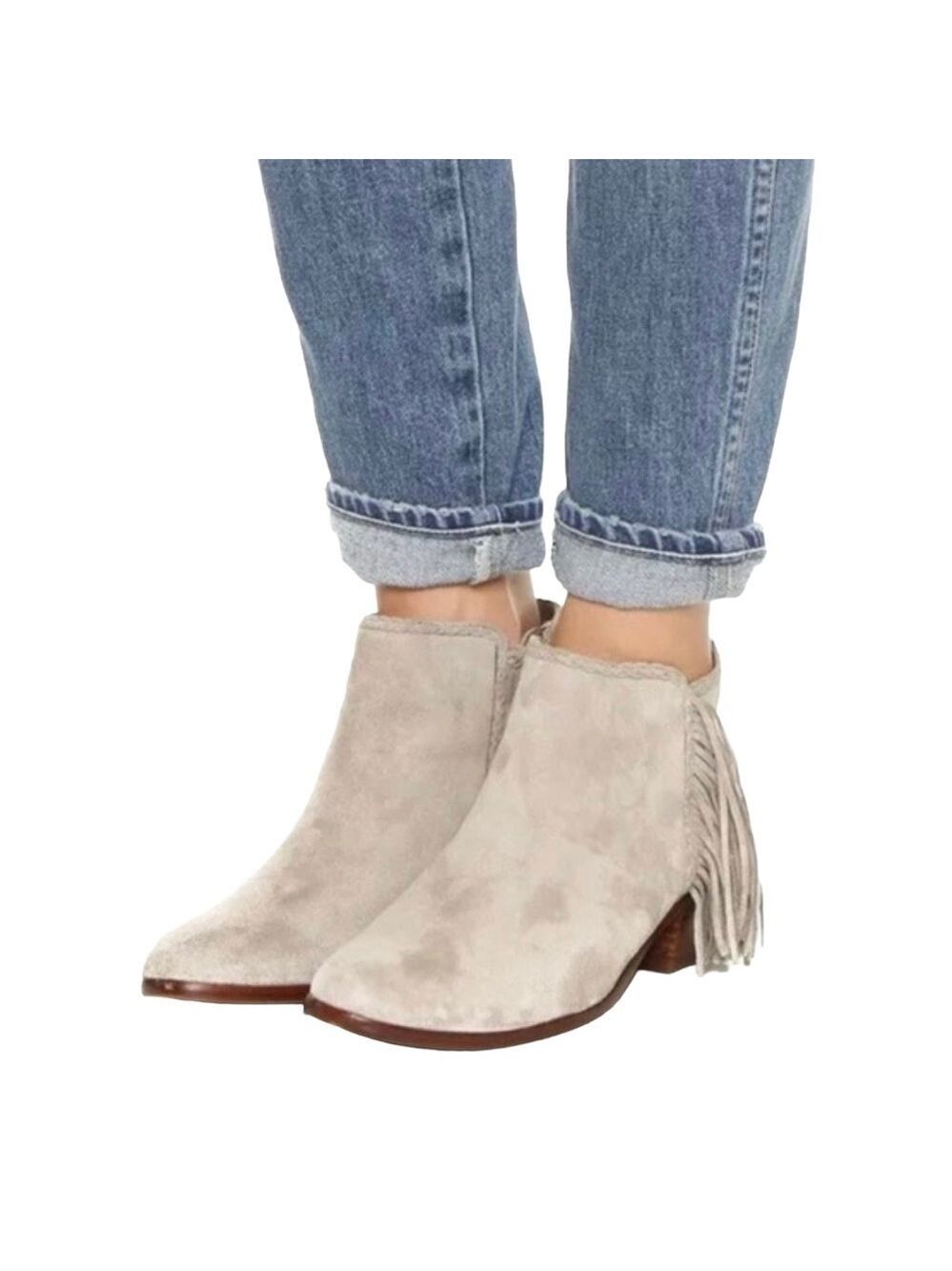 Sam Edelman Paige Fringe Tan Suede Zip Ankle Booties Western Boho Boots Size 10